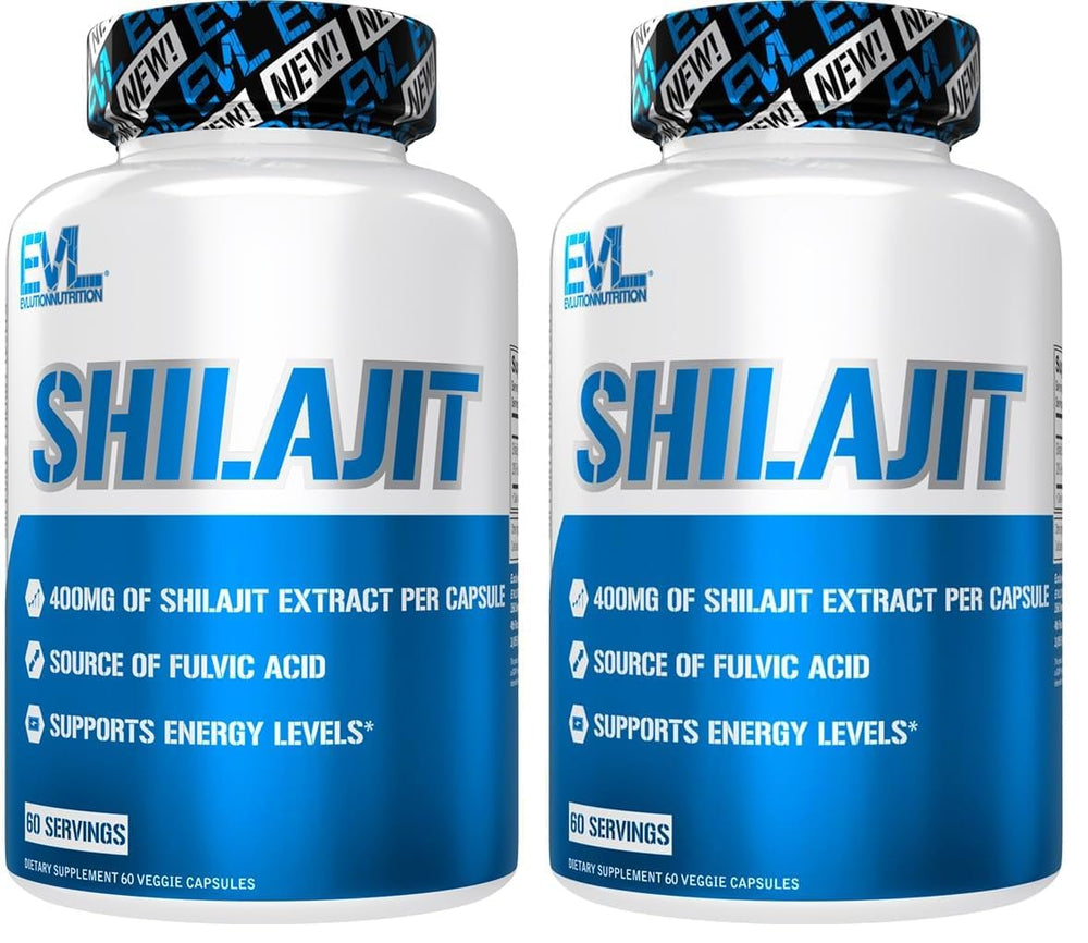 EVLution Shilajit bottle closeup highlighting energy support formula.