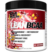 Evlution Stimulant Free Lean BCAA powder in a tub for post-workout recovery and metabolism support.