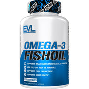 Evlution Nutrition Triple Strength Omega-3 bottle with burpless enteric-coated capsules for daily use.