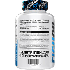 Evlution Nutrition Omega-3 bottle shown with enteric coating for digestion comfort.
