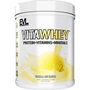 EVL VitaWhey vanilla protein powder tub close-up for muscle growth support.