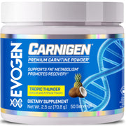 Evogen Carnigen bottle pour demonstrates stimulant-free energy support for workouts.