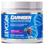 Evogen Carnigen powder bottle close-up highlighting premium fat metabolism support.