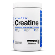 Evogen Creatine Monohydrate powder bottle displaying unflavored formula for clean strength support.