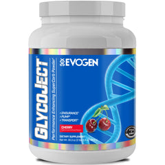 Evogen GlycoJect jar with cherry formula for quick energy and endurance support.
