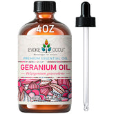 EVOKE OCCU geranium oil bottle with amber glass protects potency for skin and hair.