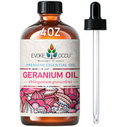 EVOKE OCCU geranium oil bottle with amber glass protects potency for skin and hair.