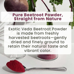 Exotic Veda Beetroot Powder smoothie-mixer highlights deep red hue in drinks.