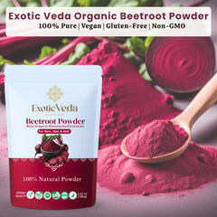 Exotic Veda Beetroot Powder spoon-dispense demonstrates easy-to-use texture for shakes.