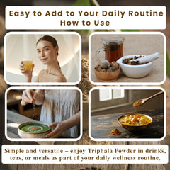 Exotic Veda Triphala powder dissolved in water, hinting at a gentle daily ritual.