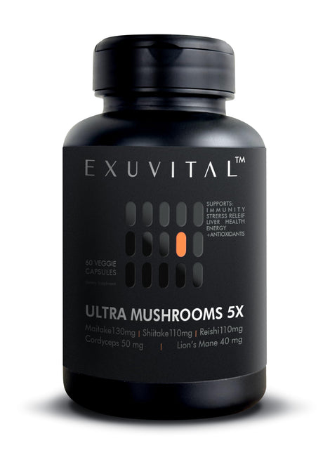 EXUVITAL 5 Mushroom Blend bottle front view for daily energy and balance
