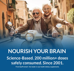 EyePromise BrainPromise bottle label highlights zeaxanthin and lutein rich formula.
