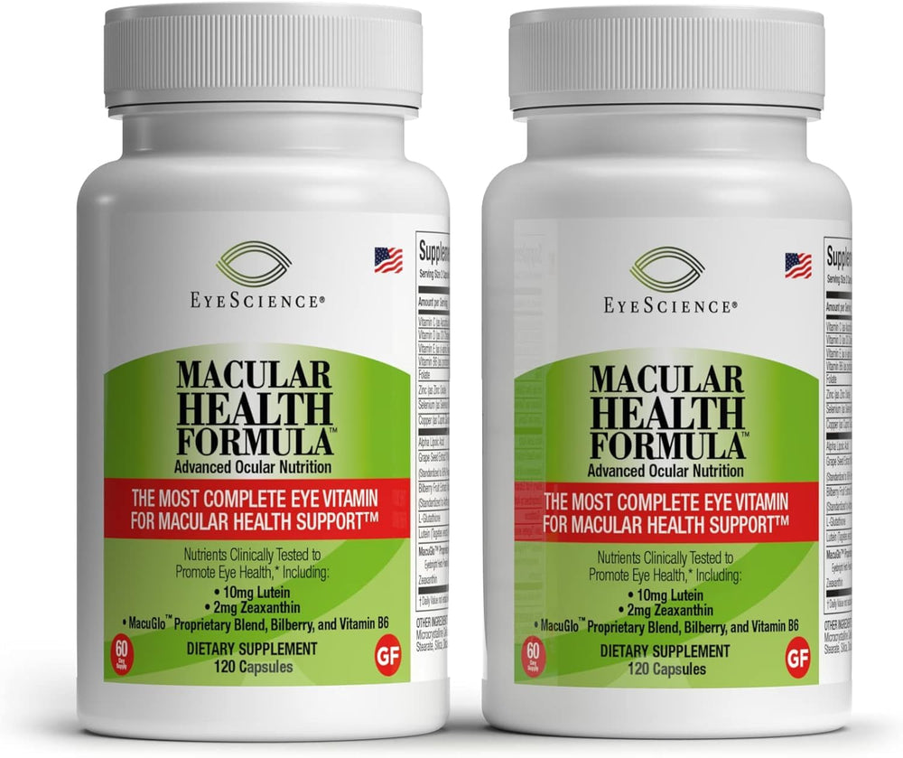 EyeScience Macular Health Formula bottle with 120 capsules for daily eye support.