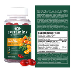 eyetamins Dry Eye Comfort label highlights Himalayan Sea Buckthorn and vegan formula.