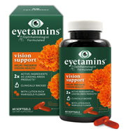 eyetamins Vision Support bottle front showing plant-based eye vitamins for daily eye care.