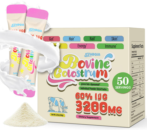 EYHBQIA colostrum powder packaging shows grass-fed origin for clean nutrition
