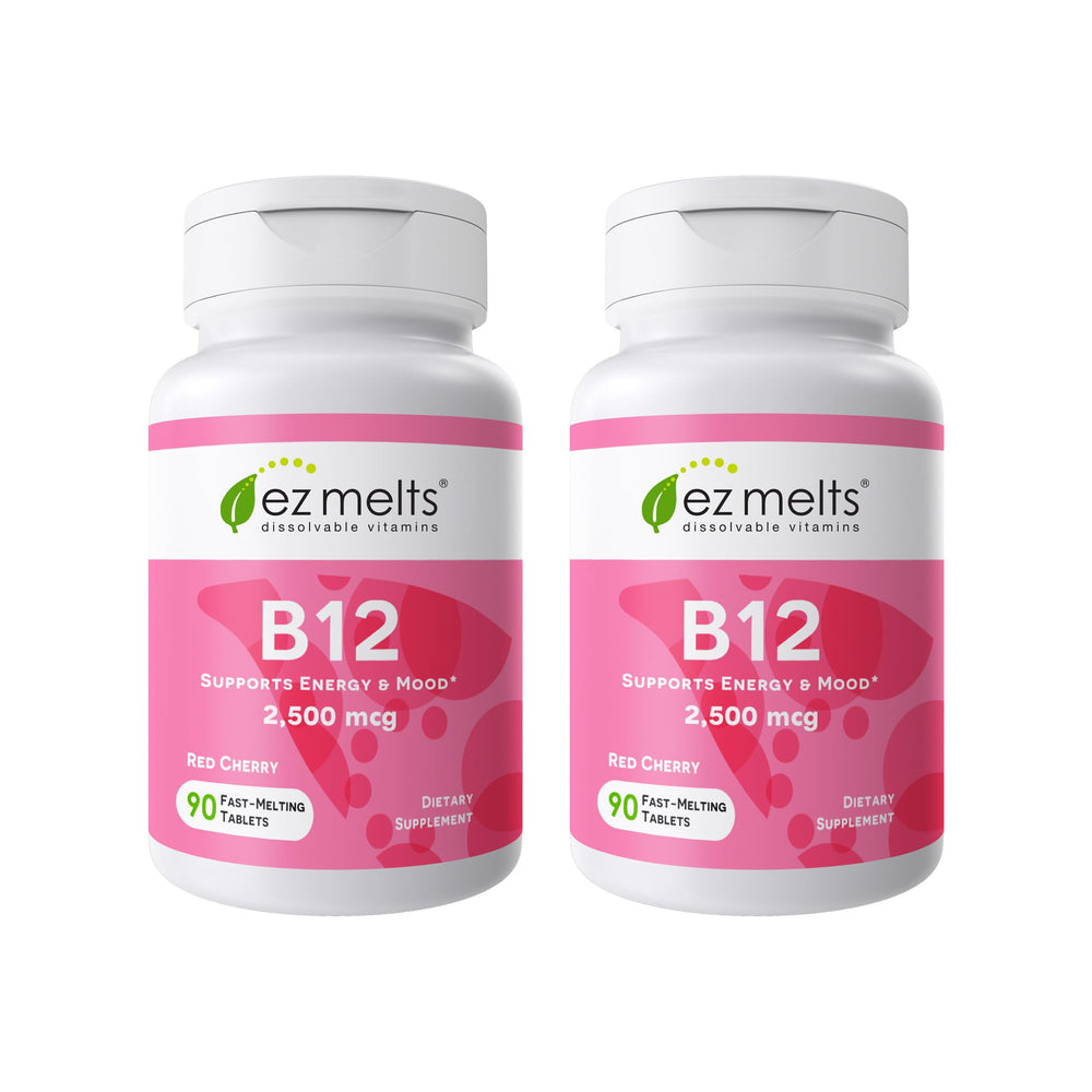 EZ Melts B12 bottle front view with red cherry flavor for easy daily use