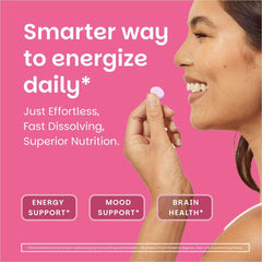 EZ Melts B12 tablet closeup showing compact, vegan, non-GMO supplement benefits