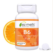 EZ Melts Vitamin B6 orange blast tablet dissolves quickly for daytime energy support.
