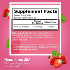 EZ Melts Biotin bottle showing strawberry burst flavor and no-water use.