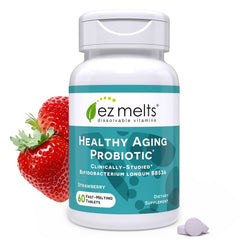 EZ Melts Healthy Aging Probiotic bottle showing BB536 for daily balance.
