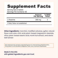 EZ Melts L-Theanine bottle back with nutrition facts for informed choices