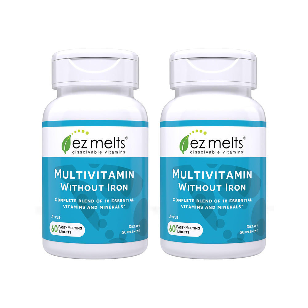 EZ Melts multivitamin without iron apple-tablet dissolves quickly for on the go daily support.