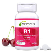 EZ Melts Vitamin B1 dissolving tablet in bottle for on-the-go support.
