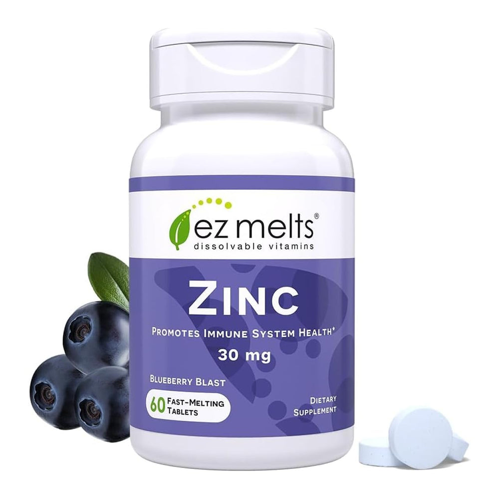 EZ Melts Zinc bottle front with blueberries highlighting easy daily immune support