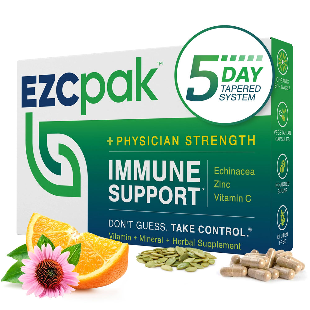 EZC Pak 5-day tapered immune pack shown for clear daily dosing routine.