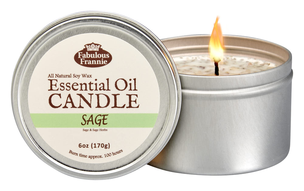 Fabulous Frannie Pure Sage Candle travel tin emits earthy sage aroma for cleansing spaces.