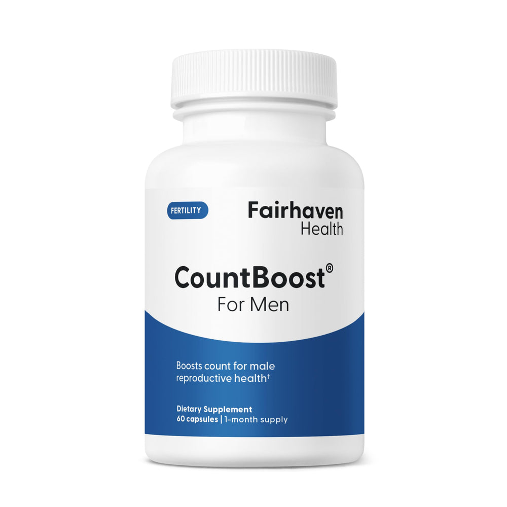 Fairhaven Health CountBoost bottle label, one-month supply for focused male wellness.