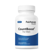 Fairhaven Health CountBoost bottle label, one-month supply for focused male wellness.
