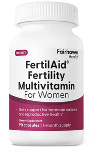 Fairhaven Health FertilAid for Women bottle highlights a trusted fertility supplement for cycle support.
