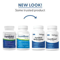 Fairhaven Health FertilAid CountBoost packaging box on countertop for easy access.