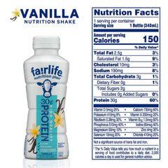Pouring Fairlife Nutrition Plan vanilla shake highlights smooth mouthfeel and on-the-go convenience.