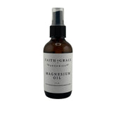 Faith and Grace Organics magnesium oil spray bottle for targeted topical use.