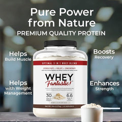 Fantastic Nutrition 3-in-1 Whey Unflavored 5lb bottle pour shows easy shake compatibility.
