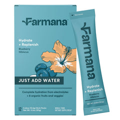 Farmana low sodium electrolyte drink mix in blueberry hibiscus pouch for refreshing post-workout hydration
