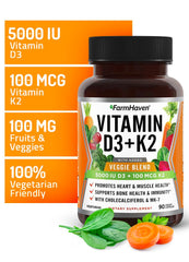 FarmHaven 5000 IU D3 and 100 mcg K2 in capsules.