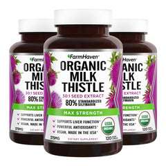 FarmHaven Milk Thistle bottle front showing organic supplement for daily liver support.