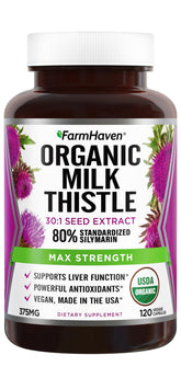 FarmHaven Milk Thistle bottle label highlighting organic, high-silymarin content for daily health