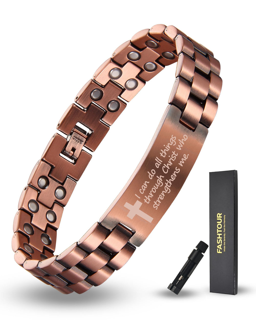 Fashtour copper magnetic cross bracelet closeup shows a polished finish for daily wear