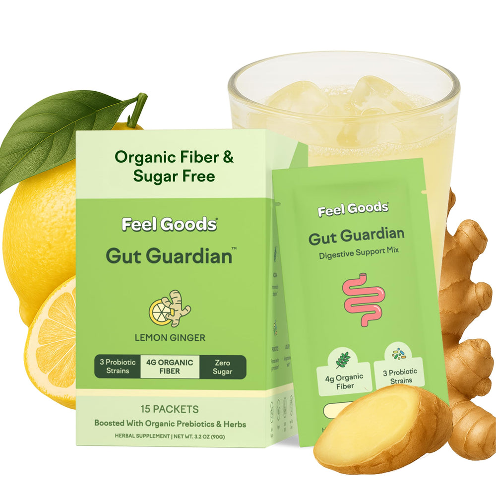 Feel Goods Gut Guardian bottle label shows a convenient, sugar-free digestive support option