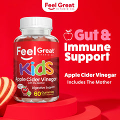 The Feel Great Apple Cider Vinegar Gummies for Kids bottle back label highlighting ingredients and directions.