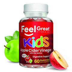 The Feel Great Apple Cider Vinegar Gummies for Kids bottle front with kid-friendly packaging for easy daily use.