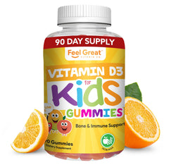 Feel Great Kids D3 1000 IU bottle front view supports bone health.