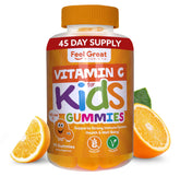 Feel Great Vitamin Co. Kids Vitamin C gummies bottle on table for daily immune support in orange flavor.