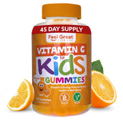 Feel Great Vitamin Co. Kids Vitamin C gummies bottle on table for daily immune support in orange flavor.