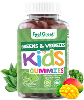 The Feel Great Super Green Gummies for Kids bottle showcases colorful veggie gummies for daily nutrition.